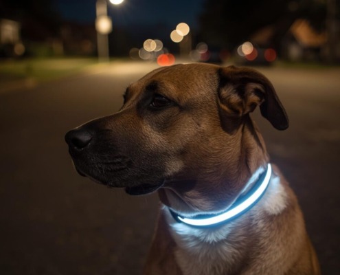Hund mit Leuchthalsband. Sicherheitsausrüstung für Hunde: Vergleich von passiven Reflektoren und aktiver LED-Beleuchtung für den Abendspaziergang.