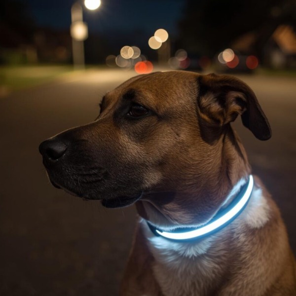 Sicherheitsausrüstung für Hunde: Vergleich von passiven Reflektoren und aktiver LED-Beleuchtung für den Abendspaziergang.