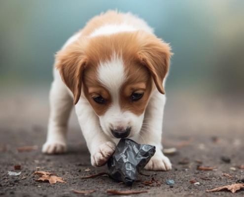 kleiner Welpe hat auf der Straße Müll gefunden. Antigiftködertraining in Stuttgart verhindert dass er alles in den Mund nimmt und gesundheitlich Schaden nimmt.