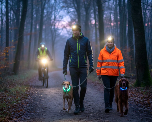 Sicherheit bei Nacht: 2 Hunde mit LED Leuchthalsbändern zur Sicherheit in der Dämmerung im Kräherwald in Stuttgart
