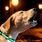 Hund bellt Geister in der Dämmerung an. Hund mit grünem LED Leuchthalsband zur Sicherheit in der Dämmerung in Stuttgart City.