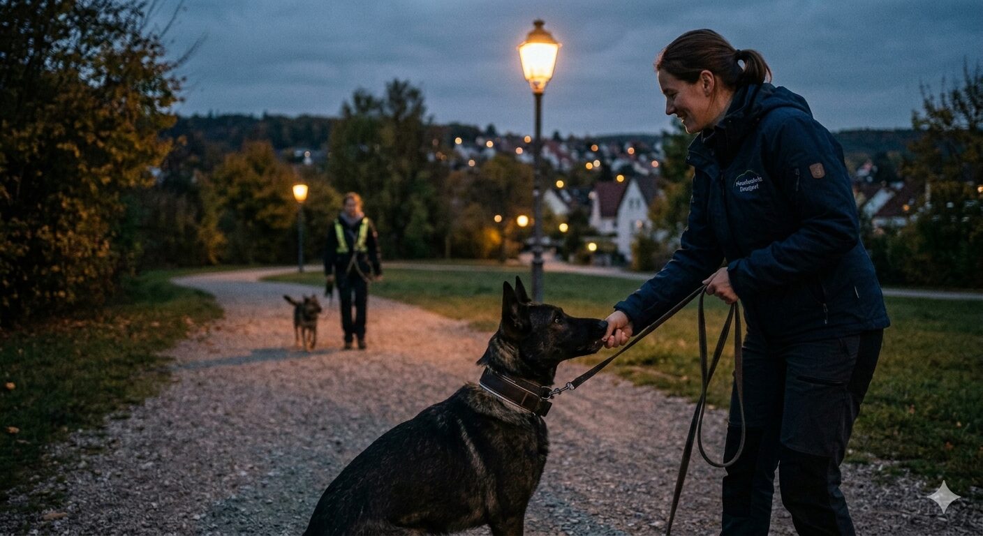 Eine Hundetrainerin führt in der Dämmerung ein gezieltes Nachttraining in einem beleuchteten Park in Stuttgart durch. Im Vordergrund fixiert ein aufmerksamer Schäferhund seine Halterin, die ihn ruhig an der Leine führt und so die Aufmerksamkeit in der Dunkelheit auf sich lenkt. Im Hintergrund ist eine weitere Person mit Hund auf dem Weg zu erkennen. Die Szenerie verdeutlicht die Herausforderungen und Trainingsansätze bei Hundebegegnungen im Halbdunkel.