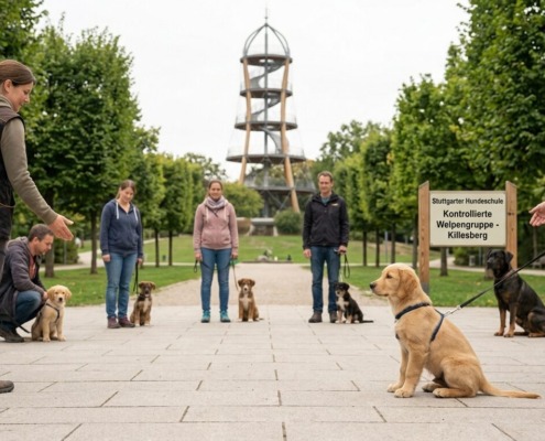 Eine kontrollierte Welpengruppe der Stuttgarter Hundeschule im Höhenpark Killesberg mit dem Killesbergturm im Hintergrund. Trainer und Halter leiten junge Hunde bei sicherem Sozialkontakt an, um den Mythos Welpenschutz durch echte Erziehung zu ersetzen.