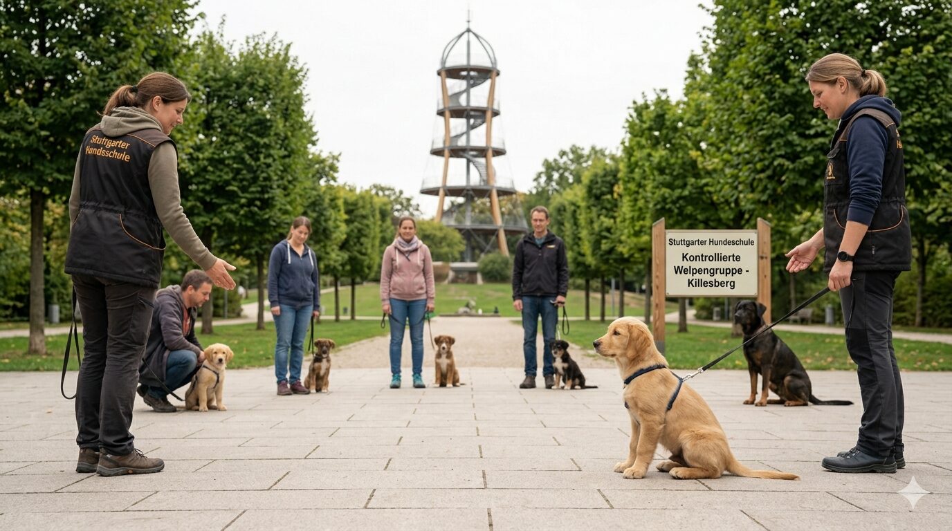 Eine kontrollierte Welpengruppe der Stuttgarter Hundeschule im Höhenpark Killesberg mit dem Killesbergturm im Hintergrund. Trainer und Halter leiten junge Hunde bei sicherem Sozialkontakt an, um den Mythos Welpenschutz durch echte Erziehung zu ersetzen.