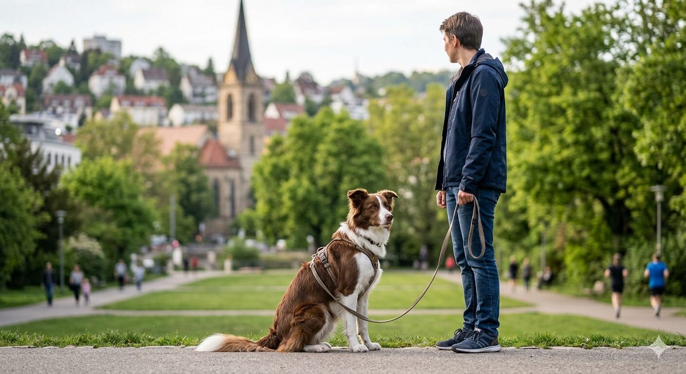Ein hibbeliger Hund (Border Collie) lernt Impulskontrolle und sitzt ruhig neben seinem Halter, der in Stuttgart-West demonstrativ in die Ferne schaut.