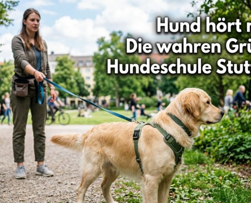 Ein abgelenkter Golden Retriever ignoriert seine Halterin in einem Stuttgarter Park. Die Frau blickt fragend auf den Hund. Im Bild steht der Text: "Hund hört nicht? Die wahren Gründe | Hundeschule Stuttgart."