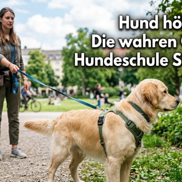 Ein abgelenkter Golden Retriever ignoriert seine Halterin in einem Stuttgarter Park. Die Frau blickt fragend auf den Hund. Im Bild steht der Text: "Hund hört nicht? Die wahren Gründe | Hundeschule Stuttgart."