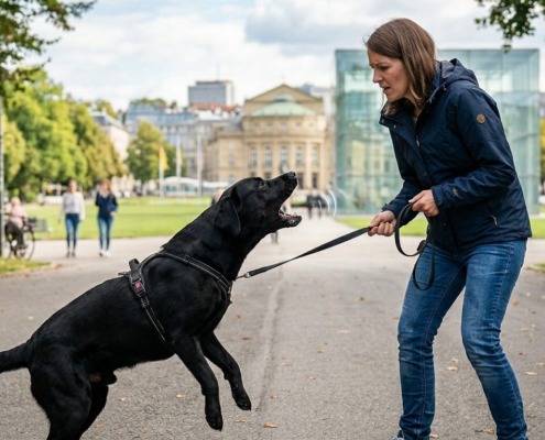 Ein schwarzer Labrador an einer straffen Leine verhält sich im Stuttgarter Schlossgarten reaktiv und aggressiv gegenüber einem Außenreiz, während die Halterin versucht, die Kontrolle zu behalten
