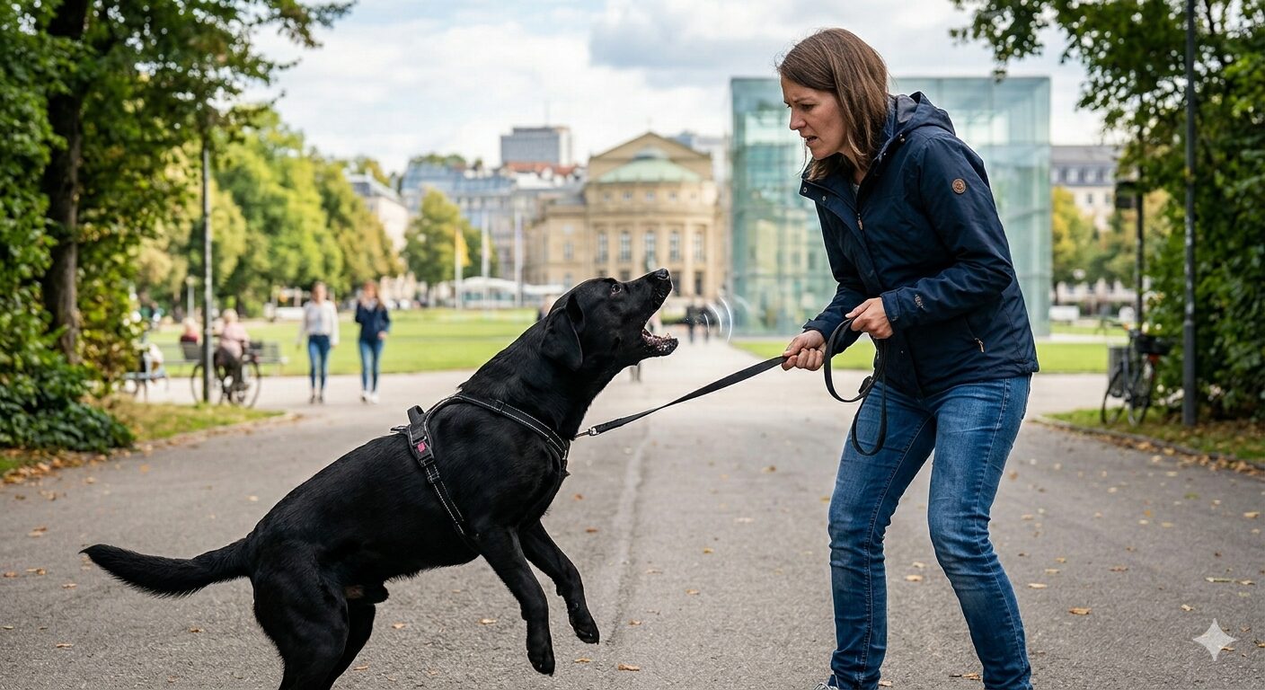 Ein schwarzer Labrador an einer straffen Leine verhält sich im Stuttgarter Schlossgarten reaktiv und aggressiv gegenüber einem Außenreiz, während die Halterin versucht, die Kontrolle zu behalten