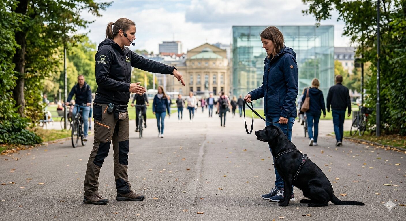 Eine professionelle Trainerin der Hundeschule Stuttgart erklärt im Schlossgarten mit klarer Körpersprache einer Kundin und ihrem sitzenden schwarzen Labrador das Konzept der souveränen Führung