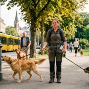 Szene aus Stuttgart: Eine Hundebesitzerin ist überfordert mit ihren beiden Hunden, die an der Leine ziehen, in der Nähe des Rosensteinparks. Ein Hinweisschild zur Hundeschule Stuttgart ist rechts im Bild zu sehen. Ein Beispiel für Gassi-Chaos, das Training benötigt.