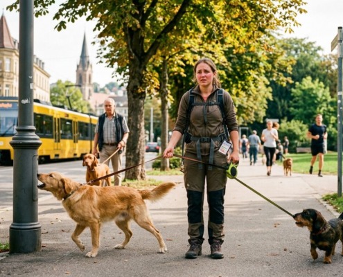 Szene aus Stuttgart: Eine Hundebesitzerin ist überfordert mit ihren beiden Hunden, die an der Leine ziehen, in der Nähe des Rosensteinparks. Ein Hinweisschild zur Hundeschule Stuttgart ist rechts im Bild zu sehen. Ein Beispiel für Gassi-Chaos, das Training benötigt.