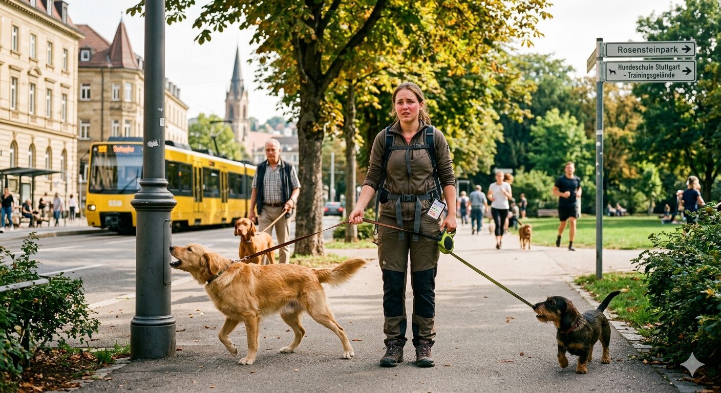 Gassi-Fehler: Szene aus Stuttgart: Eine Hundebesitzerin ist überfordert mit ihren beiden Hunden, die an der Leine ziehen, in der Nähe des Rosensteinparks. Ein Hinweisschild zur Hundeschule Stuttgart ist rechts im Bild zu sehen. Ein Beispiel für Gassi-Chaos, das Training benötigt.