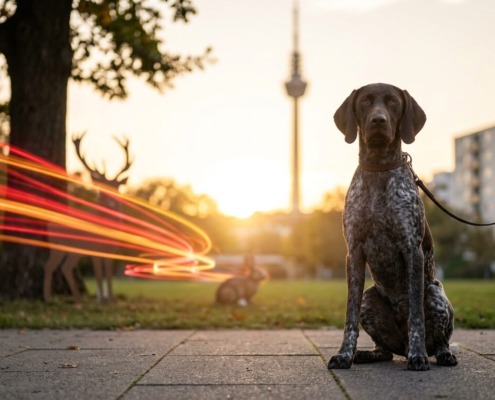 Ein junger Jagdhund sitzt brav angeleint auf einem Gehweg in einem Stuttgarter Park vor dem Fernsehturm und zeigt Impulskontrolle, während visuelle Ablenkungspfade an ihm vorbeiführen
