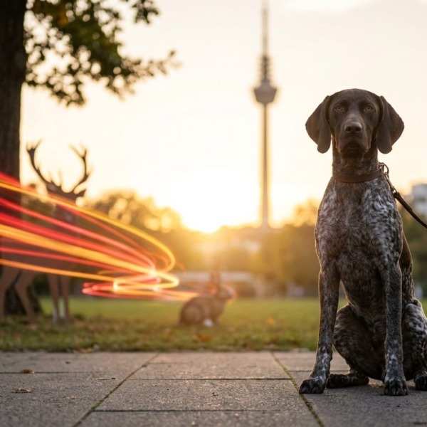 Ein junger Jagdhund sitzt brav angeleint auf einem Gehweg in einem Stuttgarter Park vor dem Fernsehturm und zeigt Impulskontrolle, während visuelle Ablenkungspfade an ihm vorbeiführen