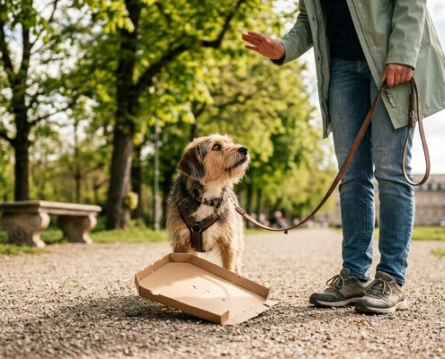 Hund nimmt im Stuttgarter Schlossgarten Pizzakarton auf, Halterin zögert – ein Beispiel für fehlende Konsequenz im Alltag.
