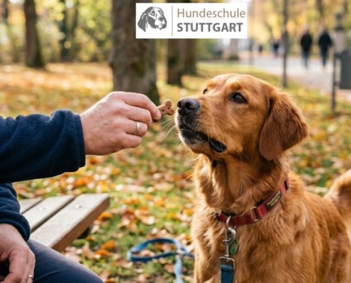 Belohnung im Hundetraining- ein wichtiger Aspekt! ein Hund bekommt ein Leckerchen im Stadtpark Stuttgart