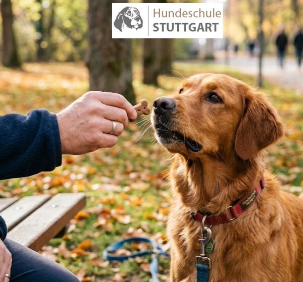 Belohnung im Hundetraining- ein wichtiger Aspekt! ein Hund bekommt ein Leckerchen im Stadtpark Stuttgart