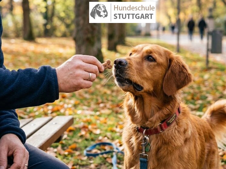 Hundetraining mit Belohnung - ein wichtiger Aspekt! ein Hund bekommt ein Leckerchen im Stadtpark Stuttgart