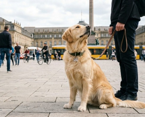 Hundetraining bei Stress erschwert das Lernen- Hier ein entspannter Golden Retriever im Einzeltraining vor dem neuen Schloß in Stuttgart