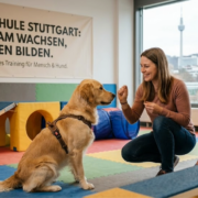 Professionelles Halter-Coaching in der Hundeschule Stuttgart: Eine Trainerin zeigt einer Hundebesitzerin und ihrem Golden Retriever die richtige Kommunikation, um ein Hundeinternat oder Bootcamp zu vermeiden.