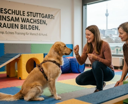 Professionelles Halter-Coaching in der Hundeschule Stuttgart: Eine Trainerin zeigt einer Hundebesitzerin und ihrem Golden Retriever die richtige Kommunikation, um ein Hundeinternat oder Bootcamp zu vermeiden.