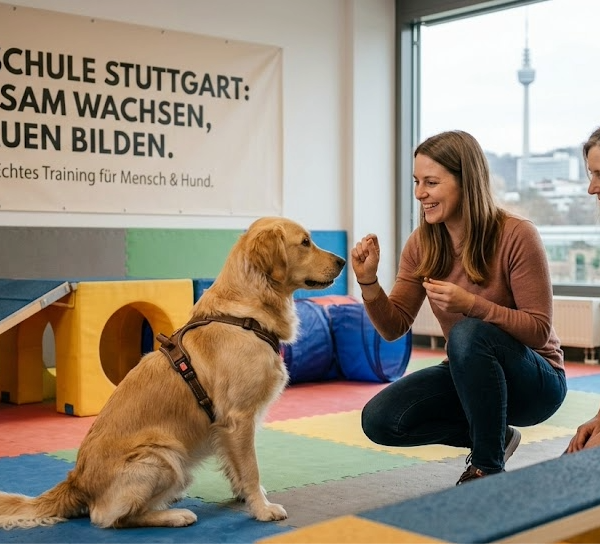 Professionelles Halter-Coaching in der Hundeschule Stuttgart: Eine Trainerin zeigt einer Hundebesitzerin und ihrem Golden Retriever die richtige Kommunikation, um ein Hundeinternat oder Bootcamp zu vermeiden.