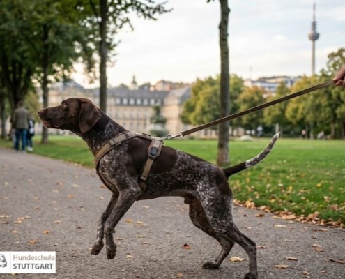 Ein jagdmotivierter Hund springt in Stuttgart an der Leine nach vorne, während im Hintergrund der Fernsehturm zu sehen ist; Symbolbild für mangelnde Impulskontrolle und Training in der Hundeschule Stuttgart.
