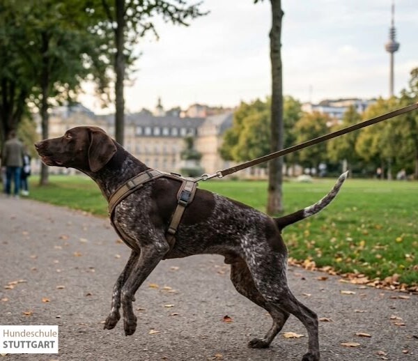 Ein jagdmotivierter Hund springt in Stuttgart an der Leine nach vorne, während im Hintergrund der Fernsehturm zu sehen ist; Symbolbild für mangelnde Impulskontrolle und Training in der Hundeschule Stuttgart.