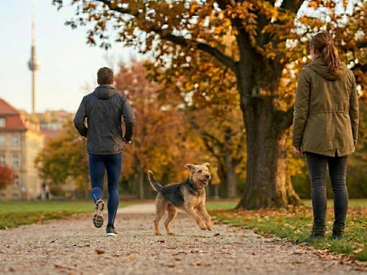Hundetraining Rückruf in einem Stuttgarter Park: Ein Hund ignoriert einen Jogger und rennt zuverlässig zu seinem Frauchen zurück, im Hintergrund der Stuttgarter Fernsehturm.