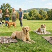 Eine Hundetrainingsgruppe in Stuttgart auf einer Wiese: Im Vordergrund liegen ein Labrador, ein Australian Shepherd und ein Rauhaardackel entspannt auf Decken bei der Übung „Bleib am Gegenstand“. Im Hintergrund spielen zwei Hunde, während die Halter passiv zuschauen, um die Impulskontrolle und soziale Passivität zu trainieren.
