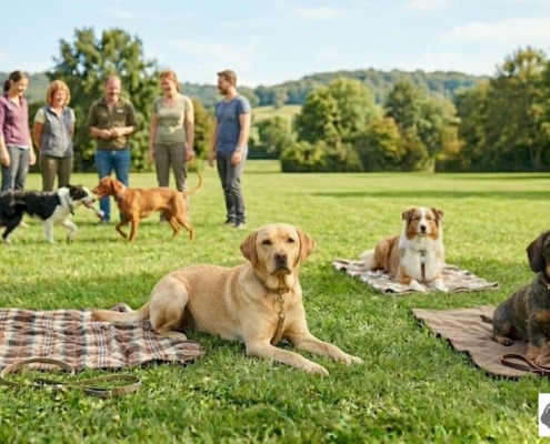 Eine Hundetrainingsgruppe in Stuttgart auf einer Wiese: Im Vordergrund liegen ein Labrador, ein Australian Shepherd und ein Rauhaardackel entspannt auf Decken bei der Übung „Bleib am Gegenstand“. Im Hintergrund spielen zwei Hunde, während die Halter passiv zuschauen, um die Impulskontrolle und soziale Passivität zu trainieren.