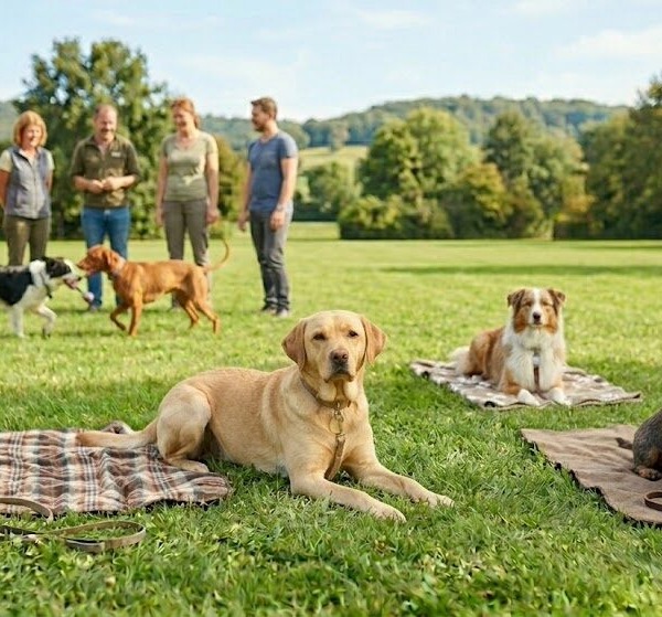 Eine Hundetrainingsgruppe in Stuttgart auf einer Wiese: Im Vordergrund liegen ein Labrador, ein Australian Shepherd und ein Rauhaardackel entspannt auf Decken bei der Übung „Bleib am Gegenstand“. Im Hintergrund spielen zwei Hunde, während die Halter passiv zuschauen, um die Impulskontrolle und soziale Passivität zu trainieren.