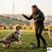 Professionelles Hundetraining Stuttgart: Eine Trainerin belohnt einen Australian Shepherd dynamisch durch das Werfen von Leckerli auf einer Wiese vor der Stuttgarter Kulisse mit Fernsehturm.