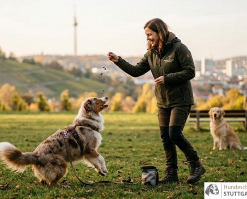 Professionelles Hundetraining Stuttgart: Eine Trainerin belohnt einen Australian Shepherd dynamisch durch das Werfen von Leckerli auf einer Wiese vor der Stuttgarter Kulisse mit Fernsehturm.