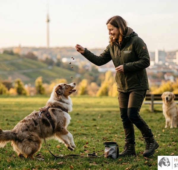 Professionelles Hundetraining Stuttgart: Eine Trainerin belohnt einen Australian Shepherd dynamisch durch das Werfen von Leckerli auf einer Wiese vor der Stuttgarter Kulisse mit Fernsehturm.