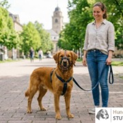 Ein entspannter Golden Retriever mit einem gut sitzenden, tiefen Maulkorb und blauem Geschirr steht neben seiner Halterin in einer Stuttgarter Parkanlage beim Maulkorbtraining Stuttgart.