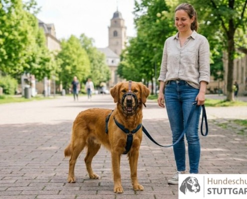 Ein entspannter Golden Retriever mit einem gut sitzenden, tiefen Maulkorb und blauem Geschirr steht neben seiner Halterin in einer Stuttgarter Parkanlage beim Maulkorbtraining Stuttgart.