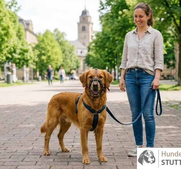 Ein entspannter Golden Retriever mit einem gut sitzenden, tiefen Maulkorb und blauem Geschirr steht neben seiner Halterin in einer Stuttgarter Parkanlage beim Maulkorbtraining Stuttgart.