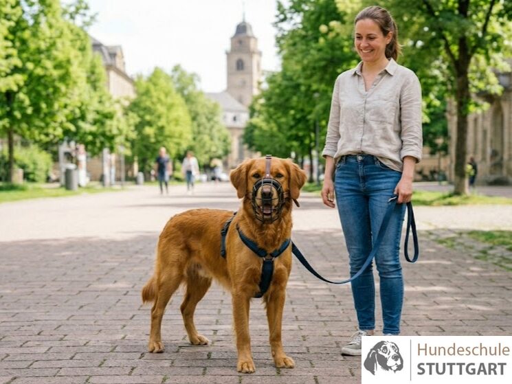 Ein entspannter Golden Retriever mit einem gut sitzenden, tiefen Maulkorb und blauem Geschirr steht neben seiner Halterin in einer Stuttgarter Parkanlage beim Maulkorbtraining Stuttgart.