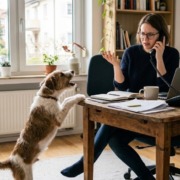 Aufmerksamkeitstraining für Hunde: Ein bellender Hund steht auf den Hinterbeinen an einem Holzschreibtisch und fordert Aufmerksamkeit von seiner Besitzerin, die telefoniert. Im Hintergrund ist ein Stuttgarter Straßenschild (Königstraße) sichtbar.
