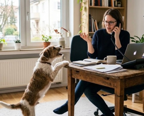 Aufmerksamkeitstraining für Hunde: Ein bellender Hund steht auf den Hinterbeinen an einem Holzschreibtisch und fordert Aufmerksamkeit von seiner Besitzerin, die telefoniert. Im Hintergrund ist ein Stuttgarter Straßenschild (Königstraße) sichtbar.