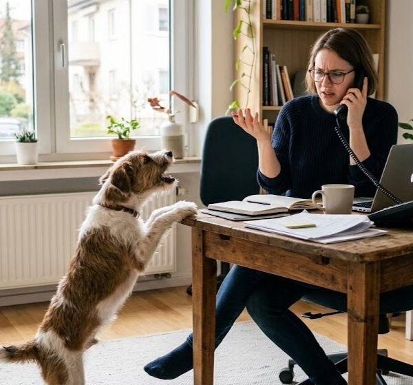 Aufmerksamkeitstraining für Hunde: Ein bellender Hund steht auf den Hinterbeinen an einem Holzschreibtisch und fordert Aufmerksamkeit von seiner Besitzerin, die telefoniert. Im Hintergrund ist ein Stuttgarter Straßenschild (Königstraße) sichtbar.