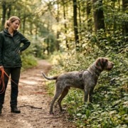 Ein Hund in der Pubertät ignoriert seine Halterin beim Spaziergang im Wald – faires Training und Orientierung in der Hundeschule Stuttgart.