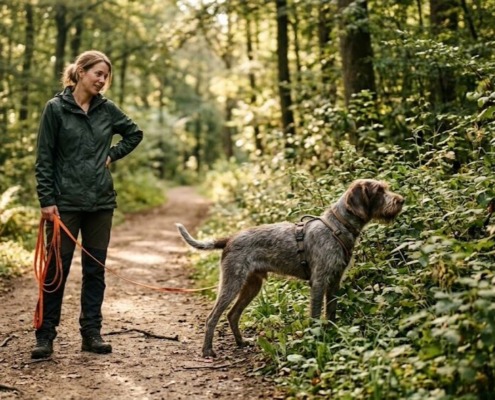 Ein Hund in der Pubertät ignoriert seine Halterin beim Spaziergang im Wald – faires Training und Orientierung in der Hundeschule Stuttgart.