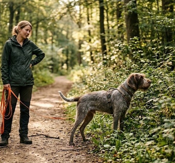 Ein Hund in der Pubertät ignoriert seine Halterin beim Spaziergang im Wald – faires Training und Orientierung in der Hundeschule Stuttgart.