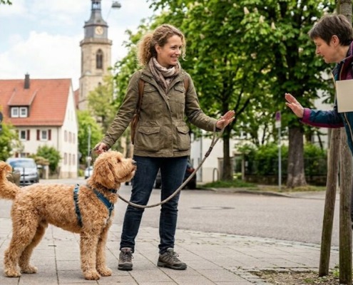 Eine Hundehalterin steht mit ihrem angeleinten, goldfarbenen Doodle auf einem Gehweg in Stuttgart und signalisiert einer passierenden Person mit einer freundlichen, stoppenden Handbewegung, dass der Hund Abstand benötigt. Im Hintergrund ist eine typische Stuttgarter Wohnstraße mit einem Kirchturm zu sehen. Das Bild verdeutlicht das Thema Individualdistanz und dass man seinen Hund nicht streicheln lassen muss.