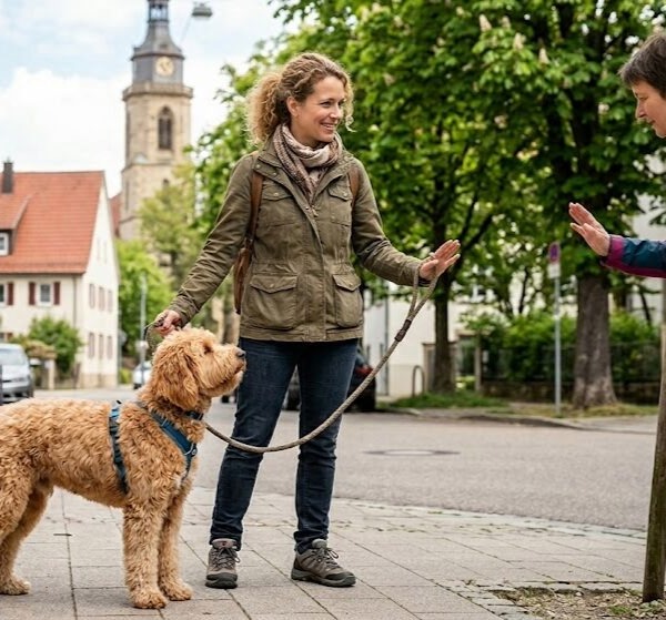 Eine Hundehalterin steht mit ihrem angeleinten, goldfarbenen Doodle auf einem Gehweg in Stuttgart und signalisiert einer passierenden Person mit einer freundlichen, stoppenden Handbewegung, dass der Hund Abstand benötigt. Im Hintergrund ist eine typische Stuttgarter Wohnstraße mit einem Kirchturm zu sehen. Das Bild verdeutlicht das Thema Individualdistanz und dass man seinen Hund nicht streicheln lassen muss.