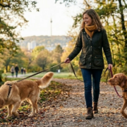 Hund führen leicht gemacht: Eine Frau geht entspannt mit zwei Hunden an locker geführten Leinen durch einen herbstlichen Park in Stuttgart, im Hintergrund ist der Fernsehturm zu sehen; die Hunde tragen Halsbänder und orientieren sich freundlich an ihrer Halterin