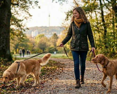 Hund führen leicht gemacht: Eine Frau geht entspannt mit zwei Hunden an locker geführten Leinen durch einen herbstlichen Park in Stuttgart, im Hintergrund ist der Fernsehturm zu sehen; die Hunde tragen Halsbänder und orientieren sich freundlich an ihrer Halterin